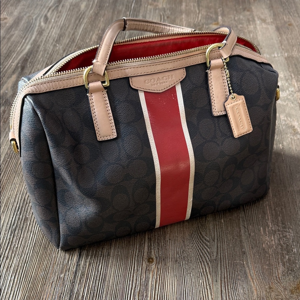 Coach Navy and Red Stripe Satchel Nancy signature - Picture 2 of 10
